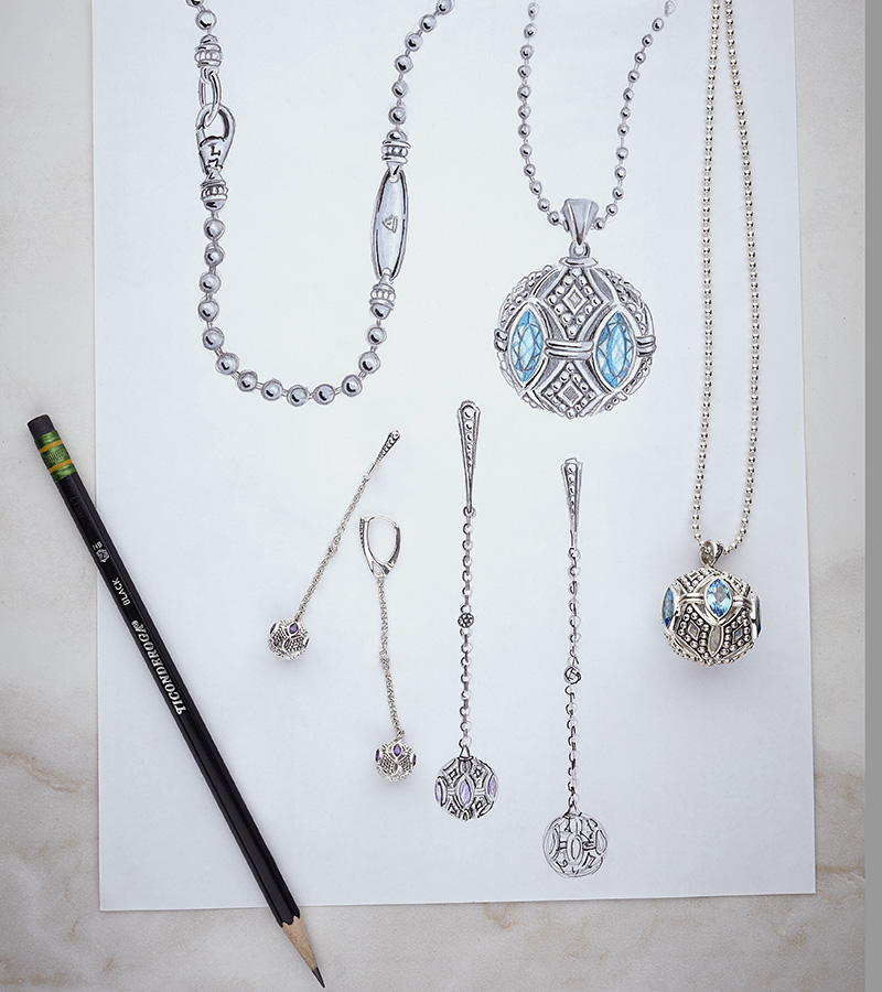caviar talisman sketch with drop earrings and gemstone necklace new spring jewelry