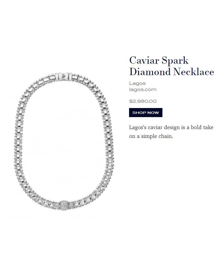 Screenshot of LAGOS Caviar Spark Diamond Necklace featured on webpage